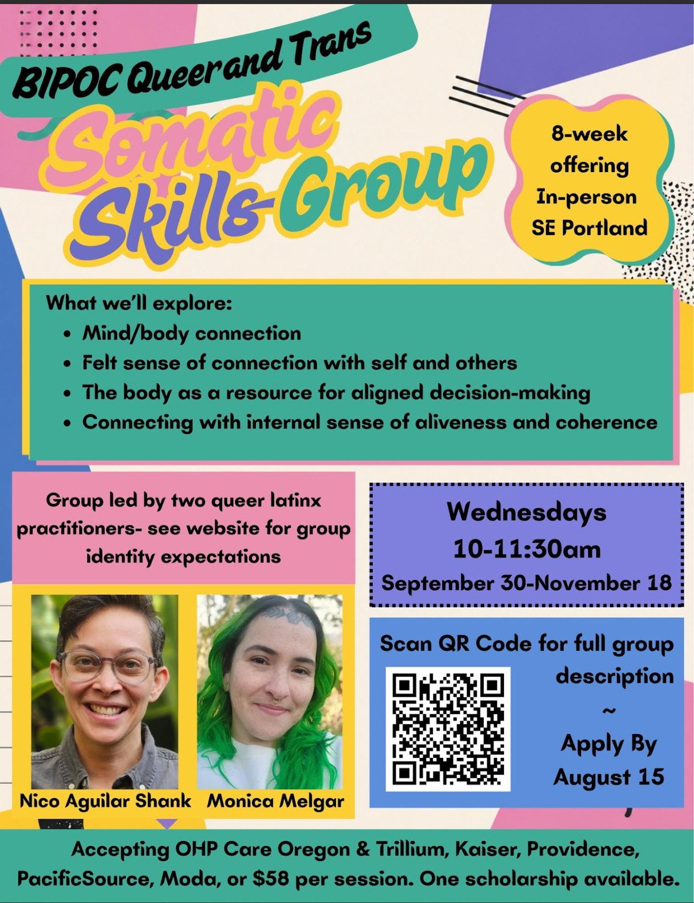 BIPOC Queer and Trans Somatic Skills Group
Wednesdays 10-11:30am
September 30, 2026 - November 18, 2026