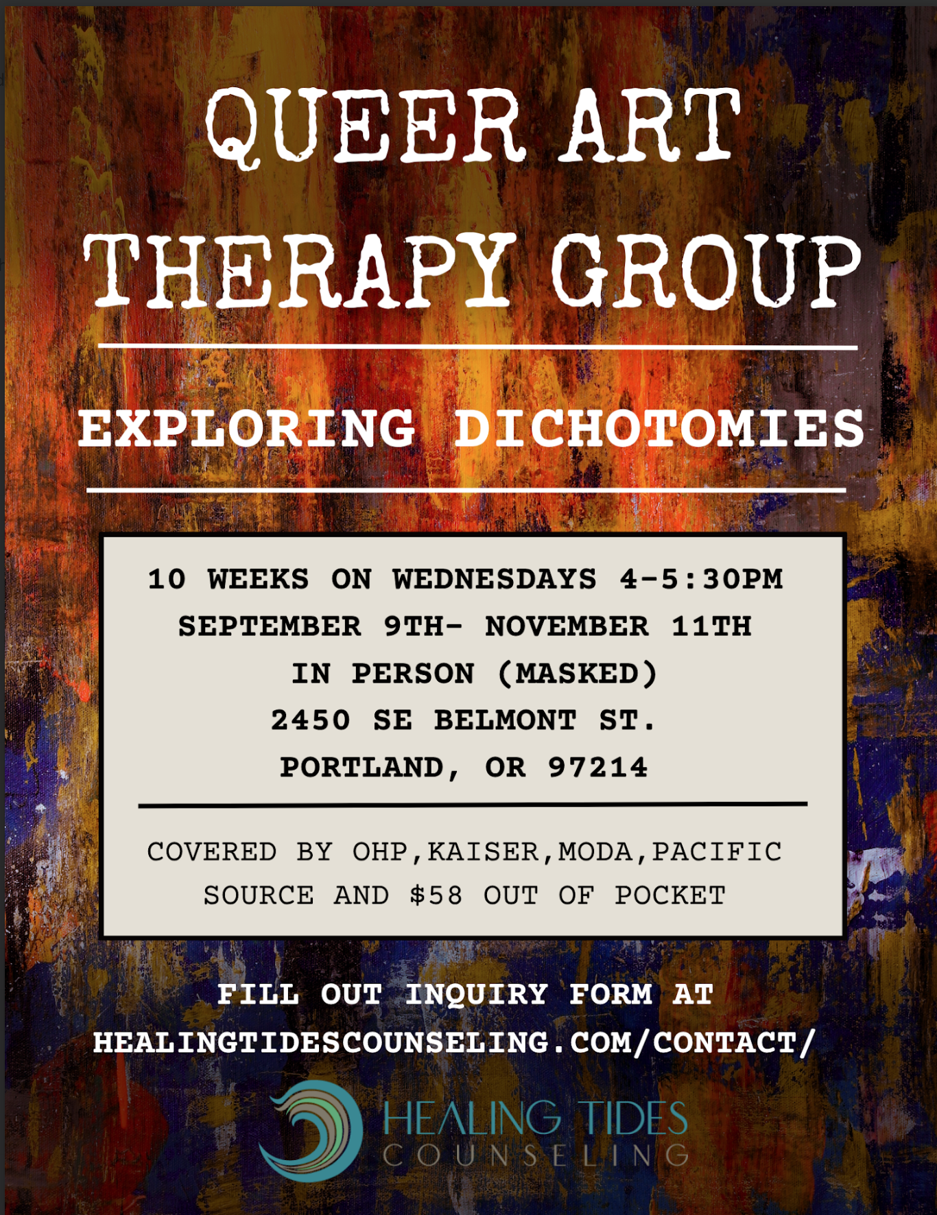 Queer Art Therapy Group: Exploring Dichotomies Wednesdays 4-5:30pm September 9, 2026 - November 11, 2026